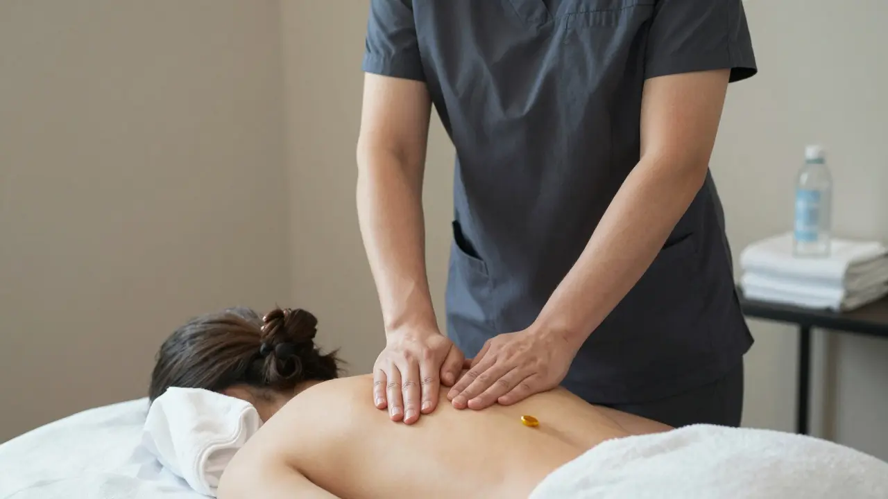 A professional therapist giving a back massage with organic oil in a clean, quiet spa setting.