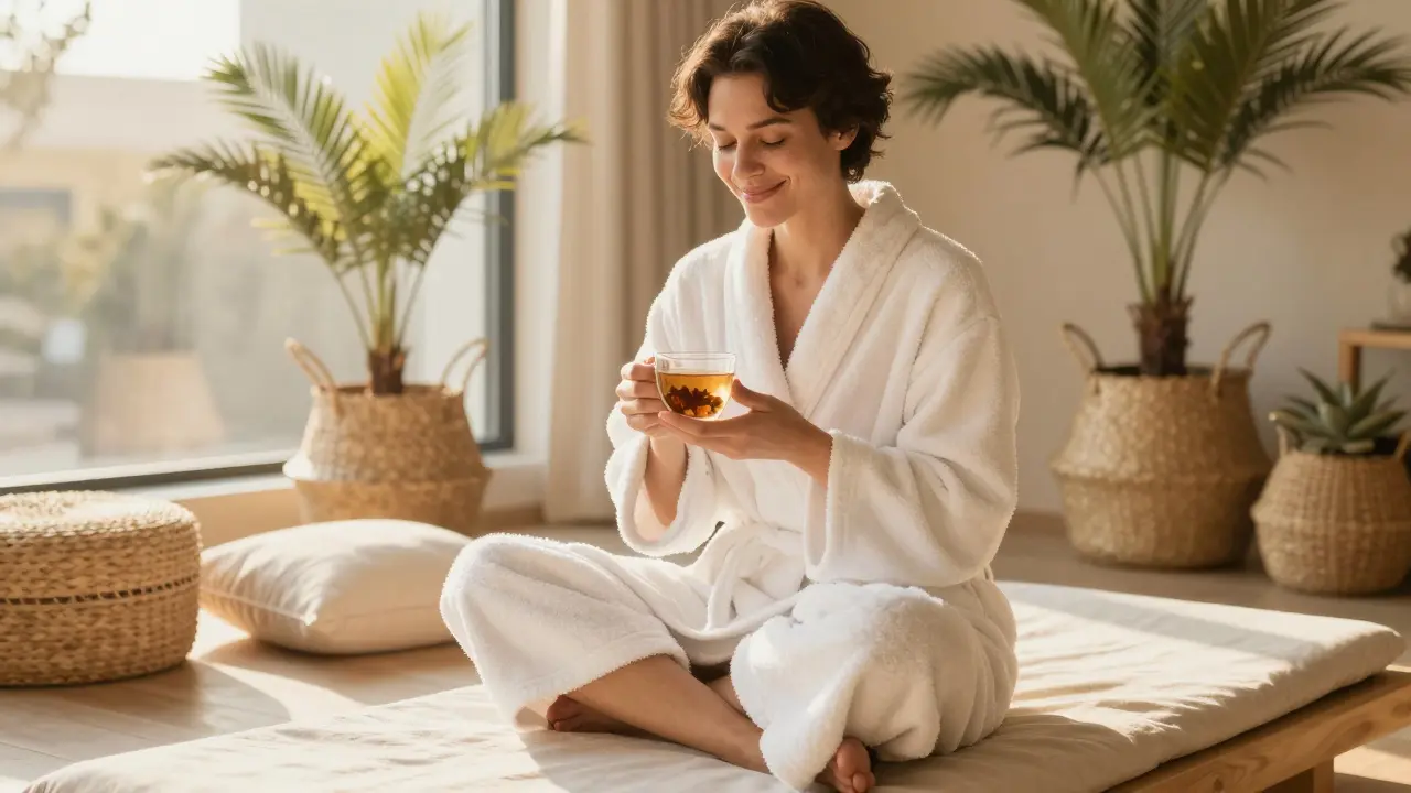 A relaxed person in a robe sipping herbal tea after a massage in a calm spa lounge.