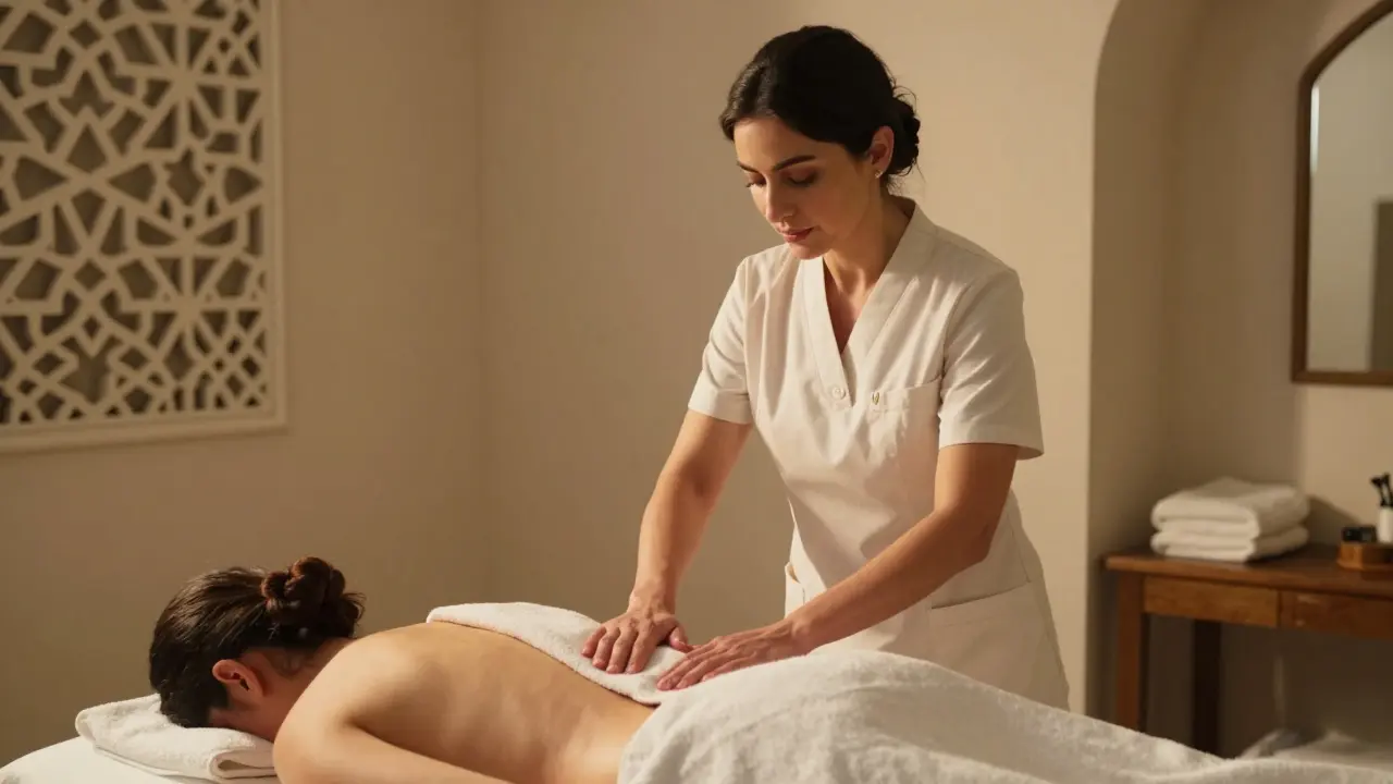 A therapist carefully adjusts a towel on a client's back during a professional massage session.