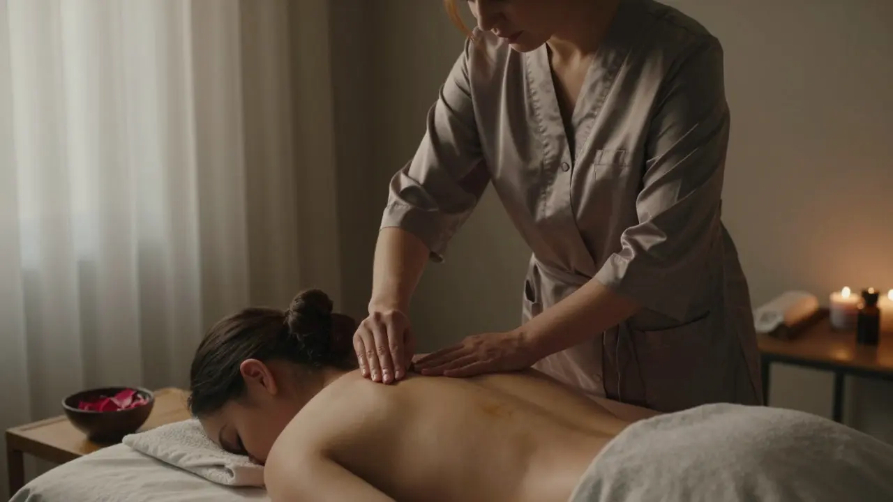 A therapist gently massaging a client's back with warm oil, serene and intimate moment in a dimly lit room.