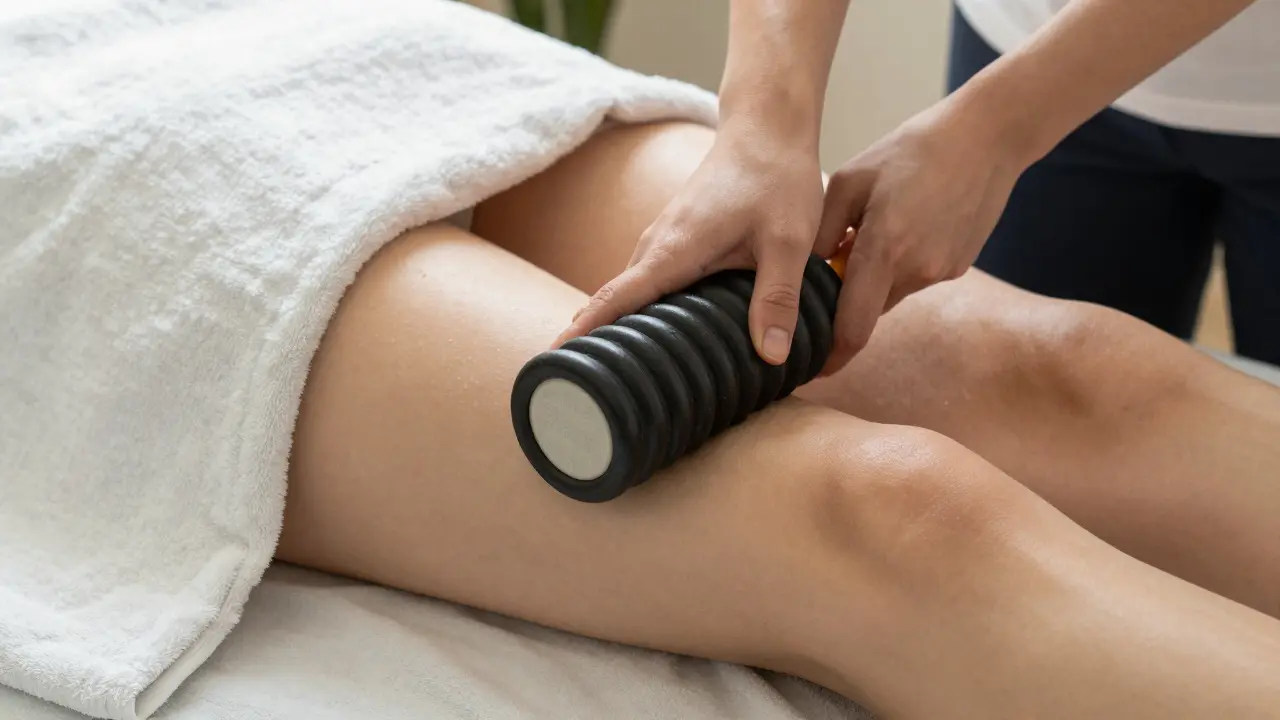 A therapist uses a foam roller on a client's leg with proper draping for safe, professional care.