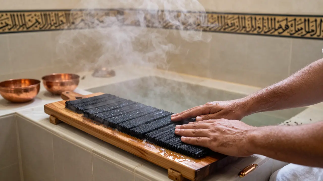 A traditional hammam with steam, black soap, and wooden scrubbing platform.