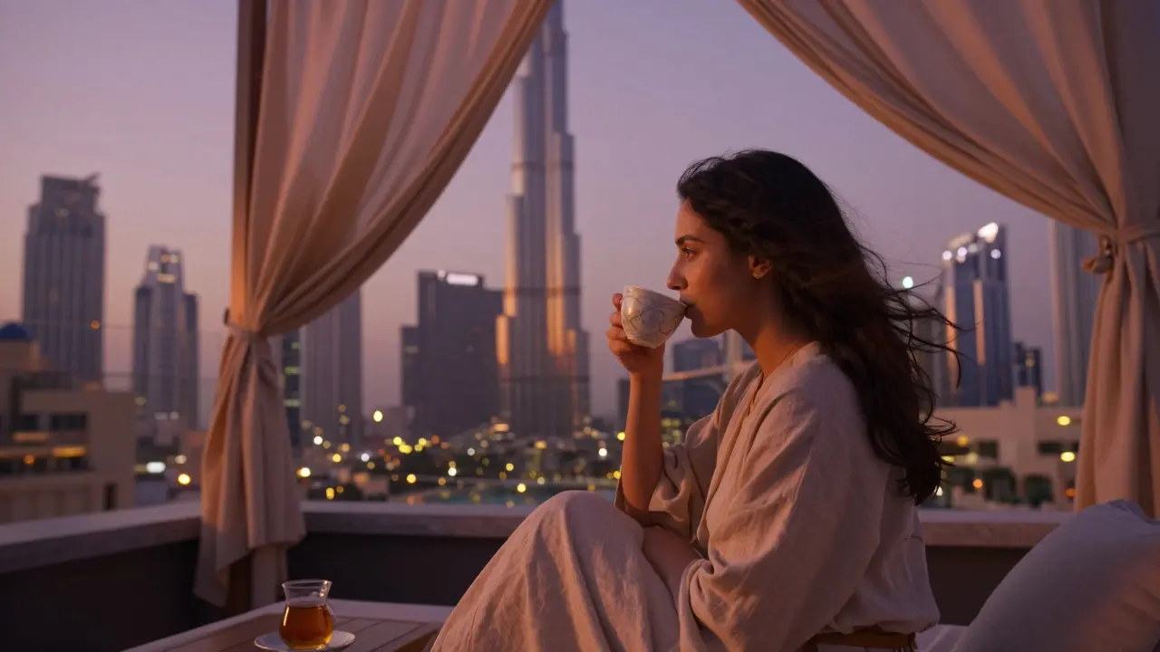 A woman enjoying tea on a rooftop spa terrace with the Dubai skyline glowing at dusk.