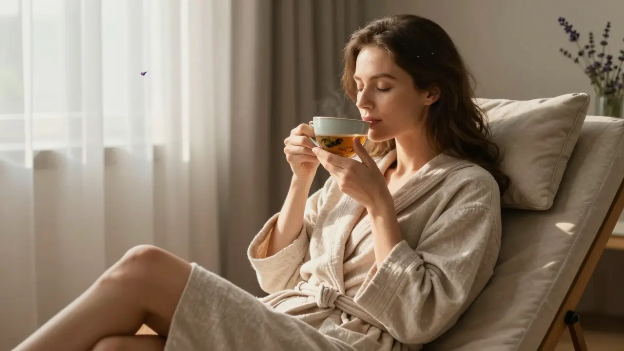 A woman in a robe sipping herbal tea after a massage, eyes closed, looking calm and relaxed.