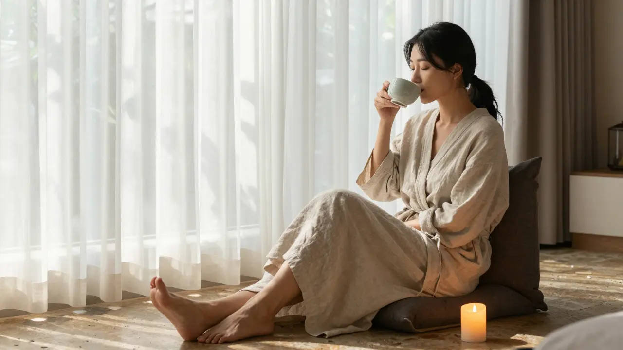 A woman in a robe sips tea in a quiet spa lounge, sunlight streaming through curtains as she relaxes with closed eyes.