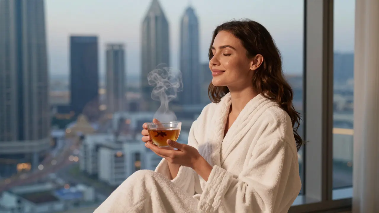 A woman relaxes in a spa robe, holding herbal tea with a peaceful expression after a massage.