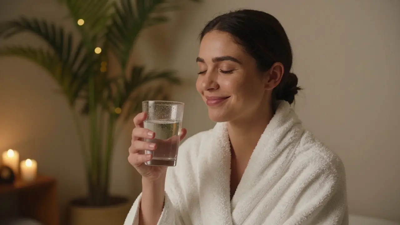 A woman smiling peacefully after a reflexology session, holding a glass of water and a towel.