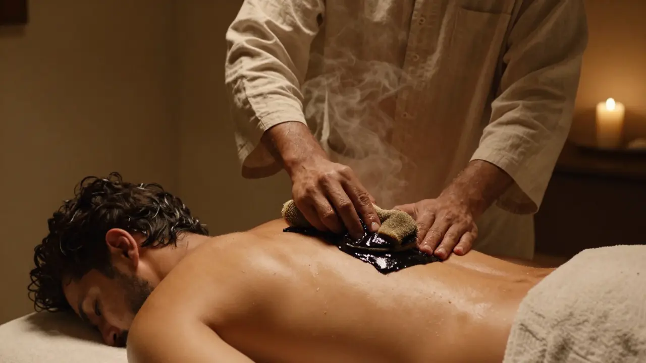 An attendant scrubbing a client's back with a kessa glove and black soap.
