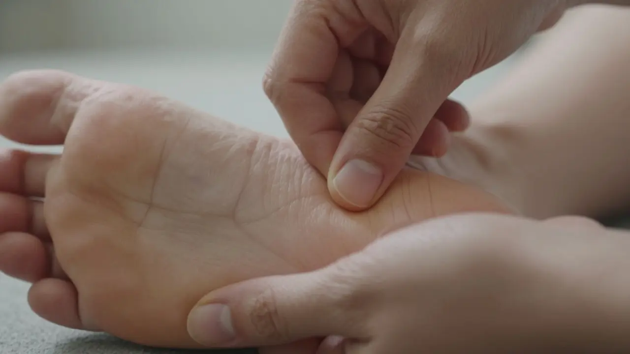 Close-up of hands applying thumb pressure to reflexology points on the sole of a foot.