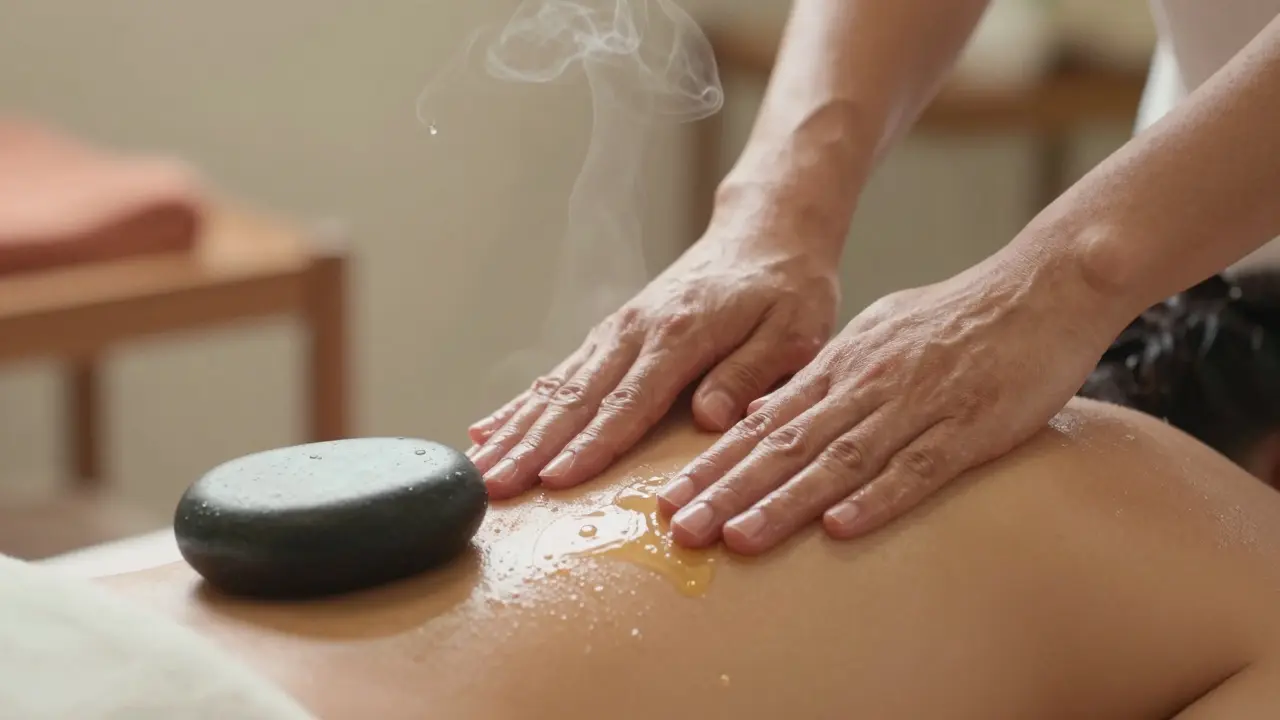 Close-up of hands receiving a warm oil massage with steam rising