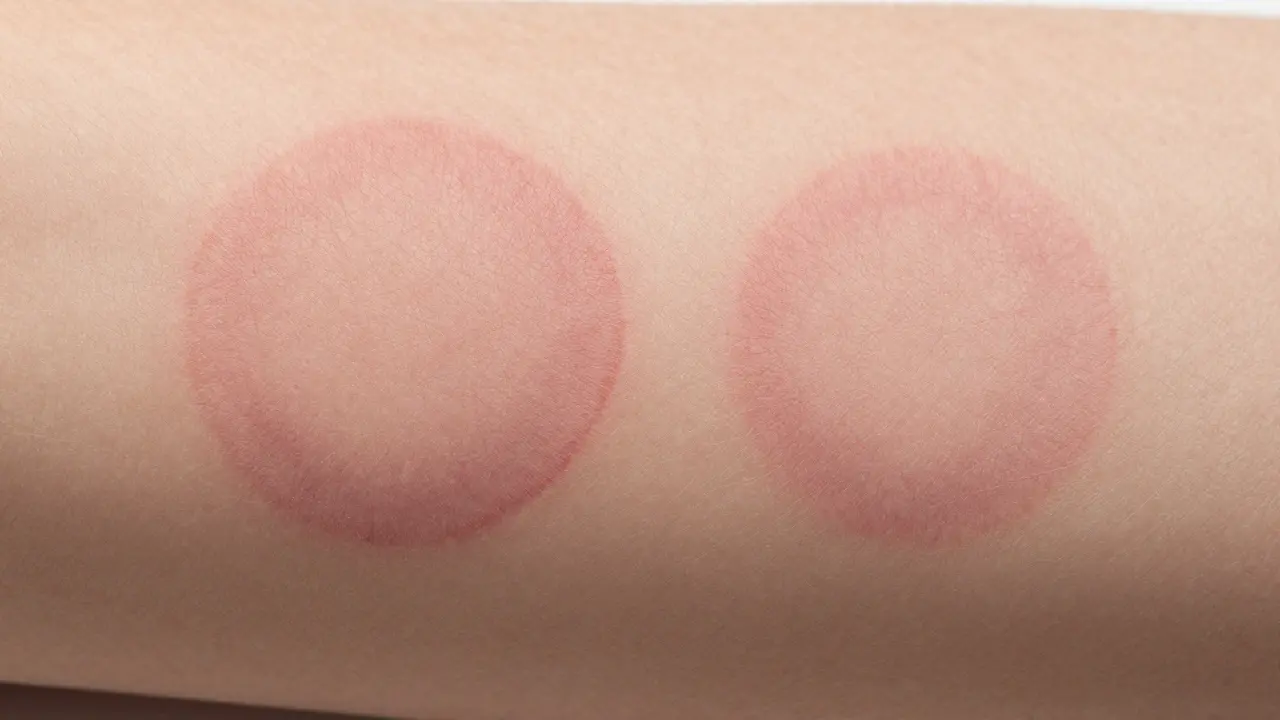 Close-up of reddish circular cupping marks on forearm, showing no skin damage.