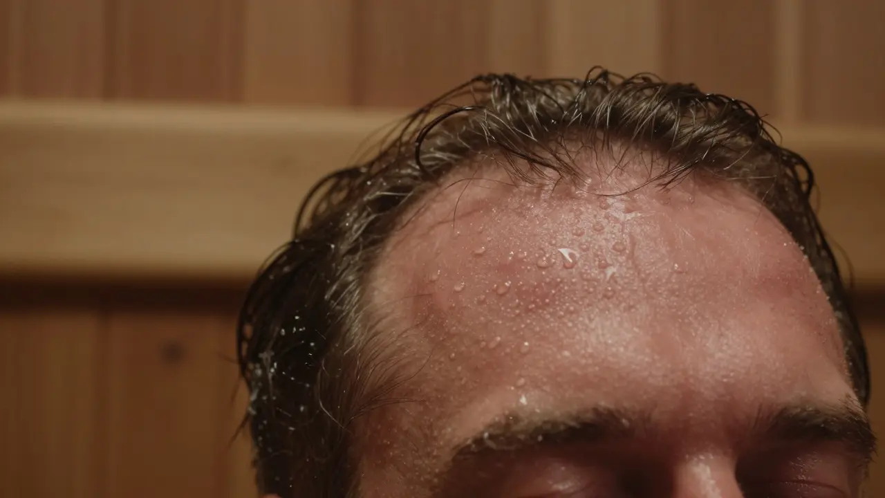 Close-up of sweat droplets on a forehead inside a sauna