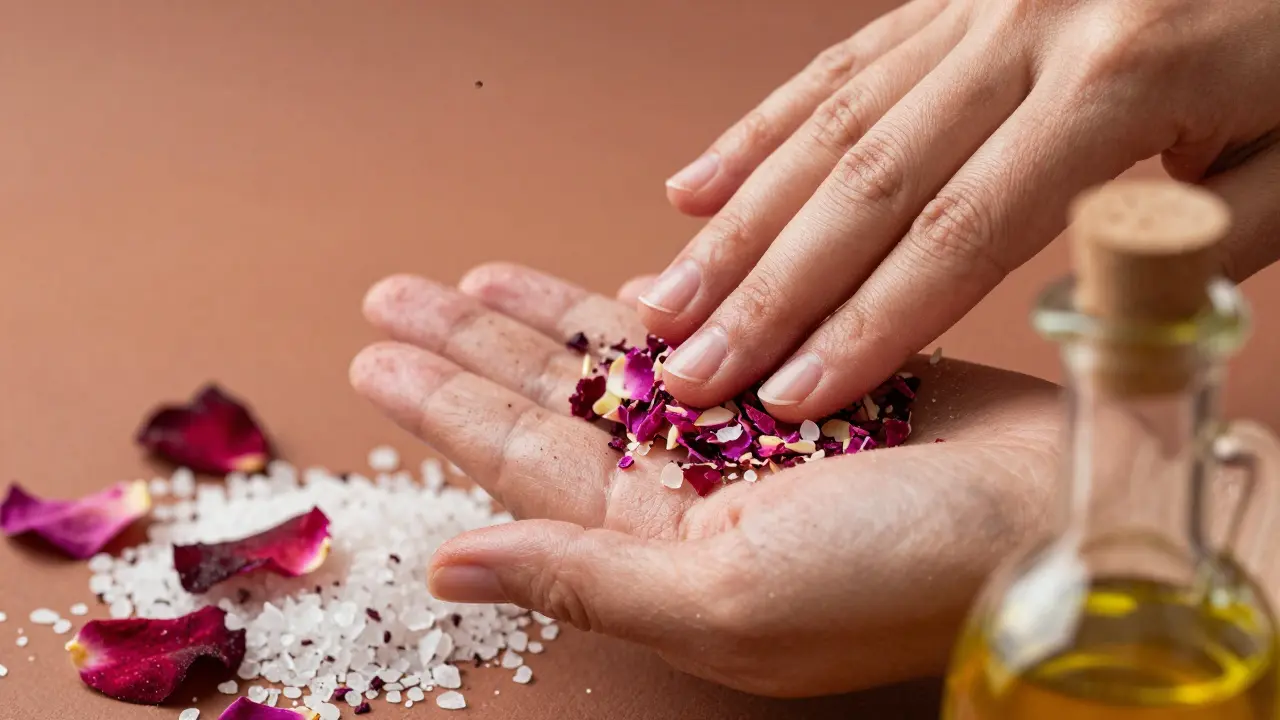 Close-up of traditional Arabic body scrub with rose petals and olive oil.