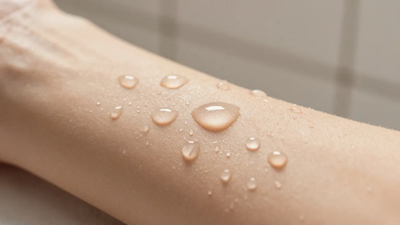 Close-up of water droplets on skin after steam, pores open and skin glistening.