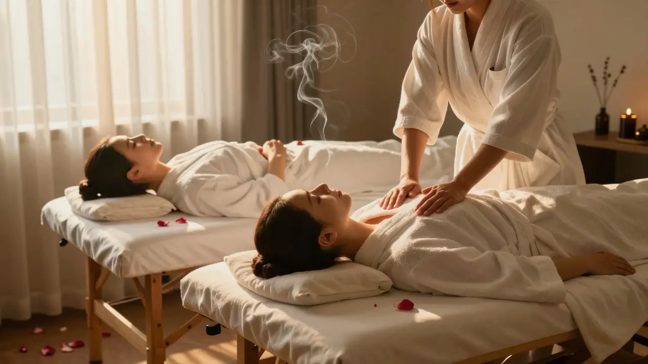 Couple receiving side-by-side massages in a softly lit private room.