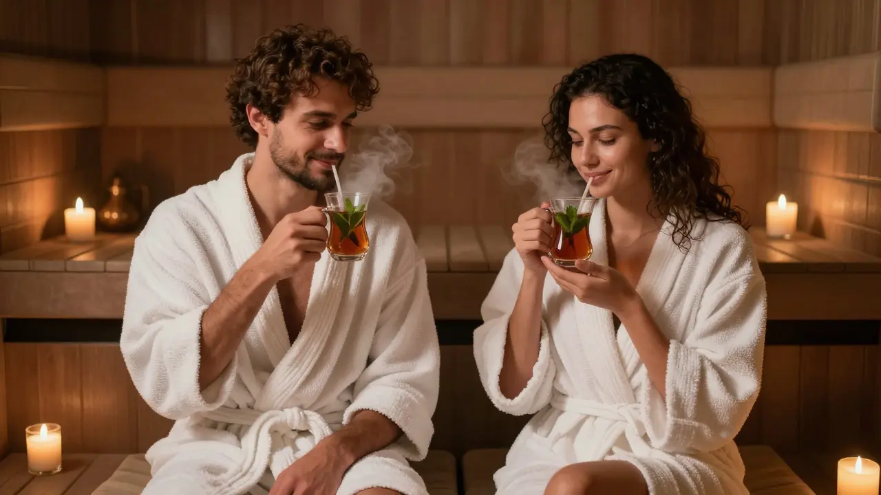 Couple relaxing on cushions after hammam, sipping mint tea in quiet, candlelit room.