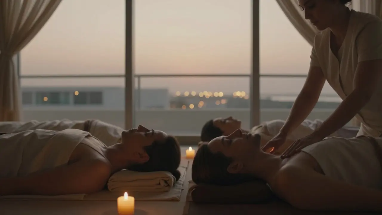 Couples lying side by side in peaceful Lomi Lomi massage, bathed in warm sunset light.