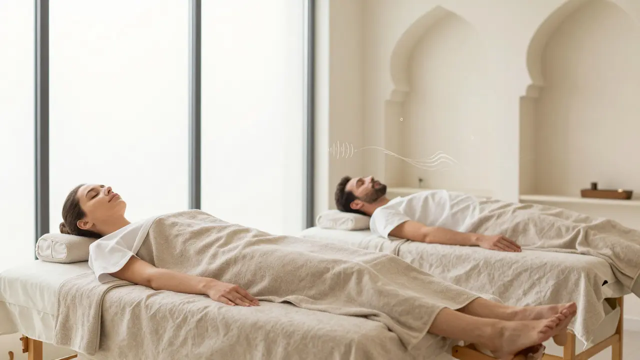 Couples lying side by side on massage tables, relaxed and covered with towels.