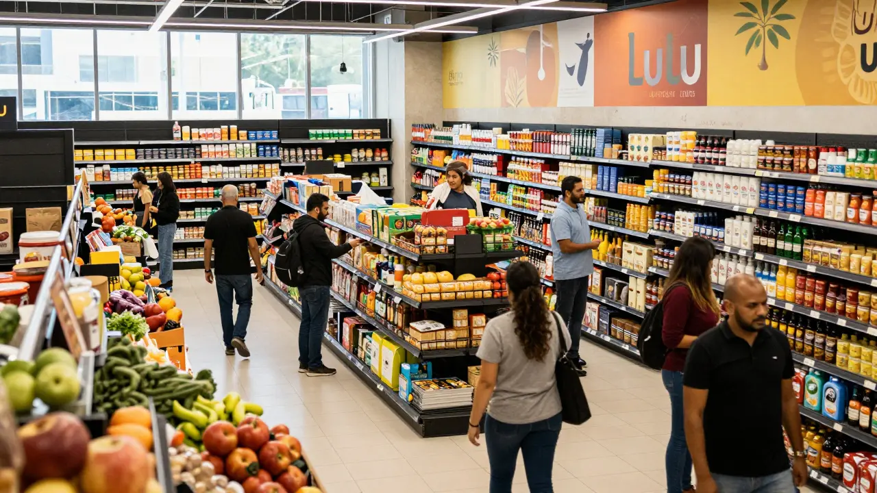 Crowded Lulu Hypermarket with diverse shoppers and full shelves of grocery products.
