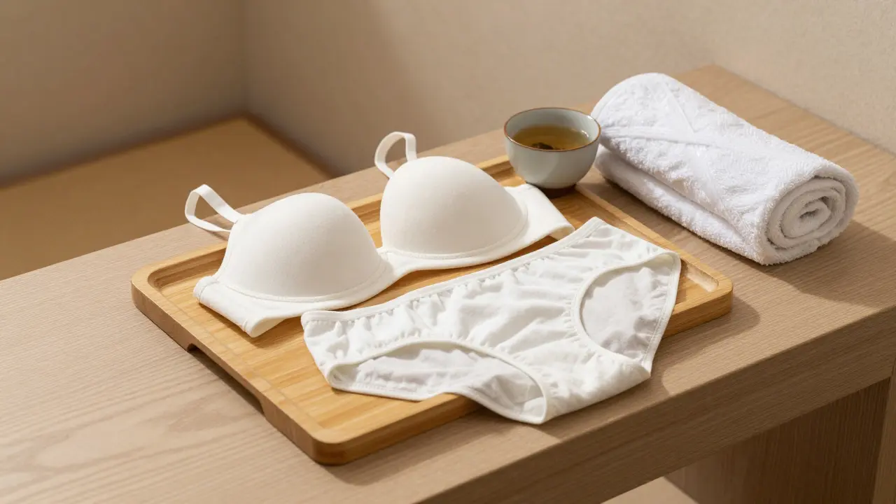 Disposable paper bra and cotton undergarments on a tray beside a towel and herbal tea.