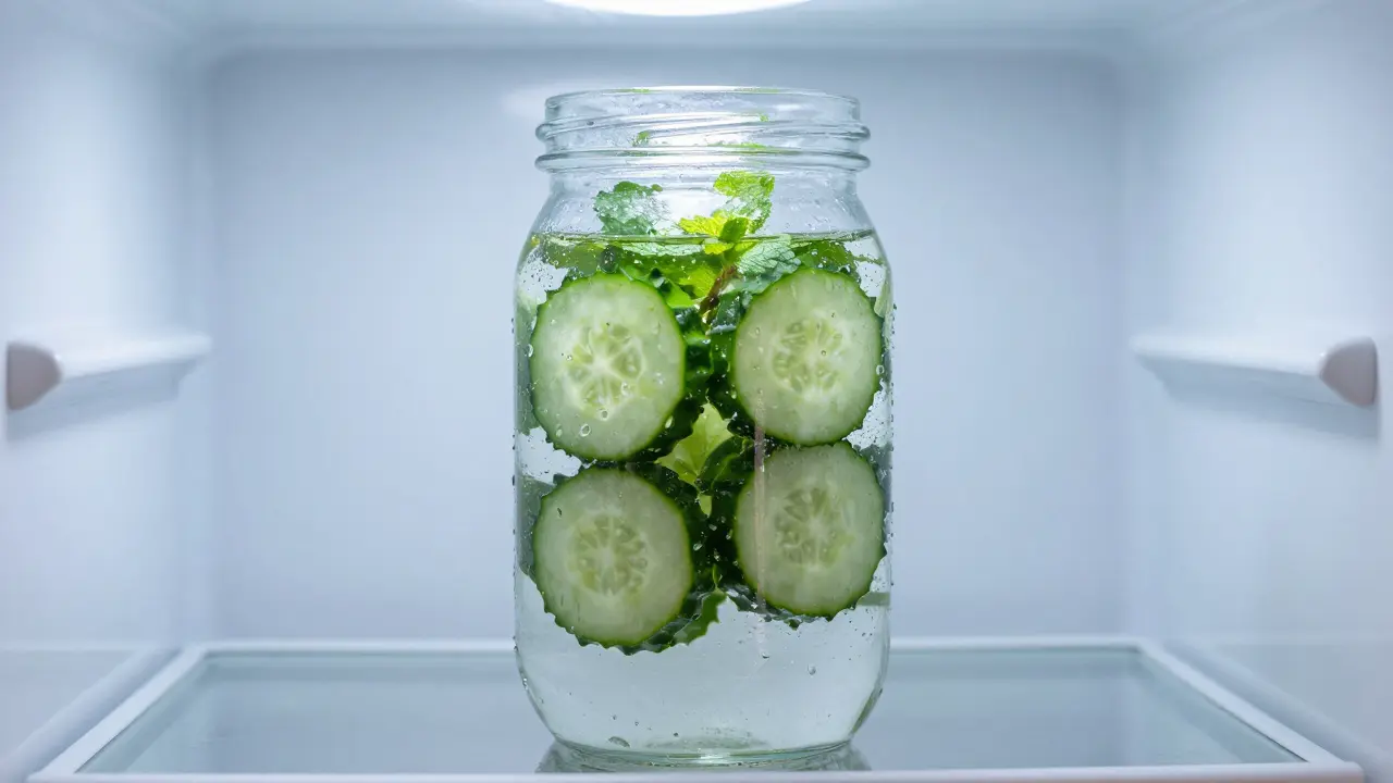 Glass jar of cucumber and mint infusion chilling in the fridge