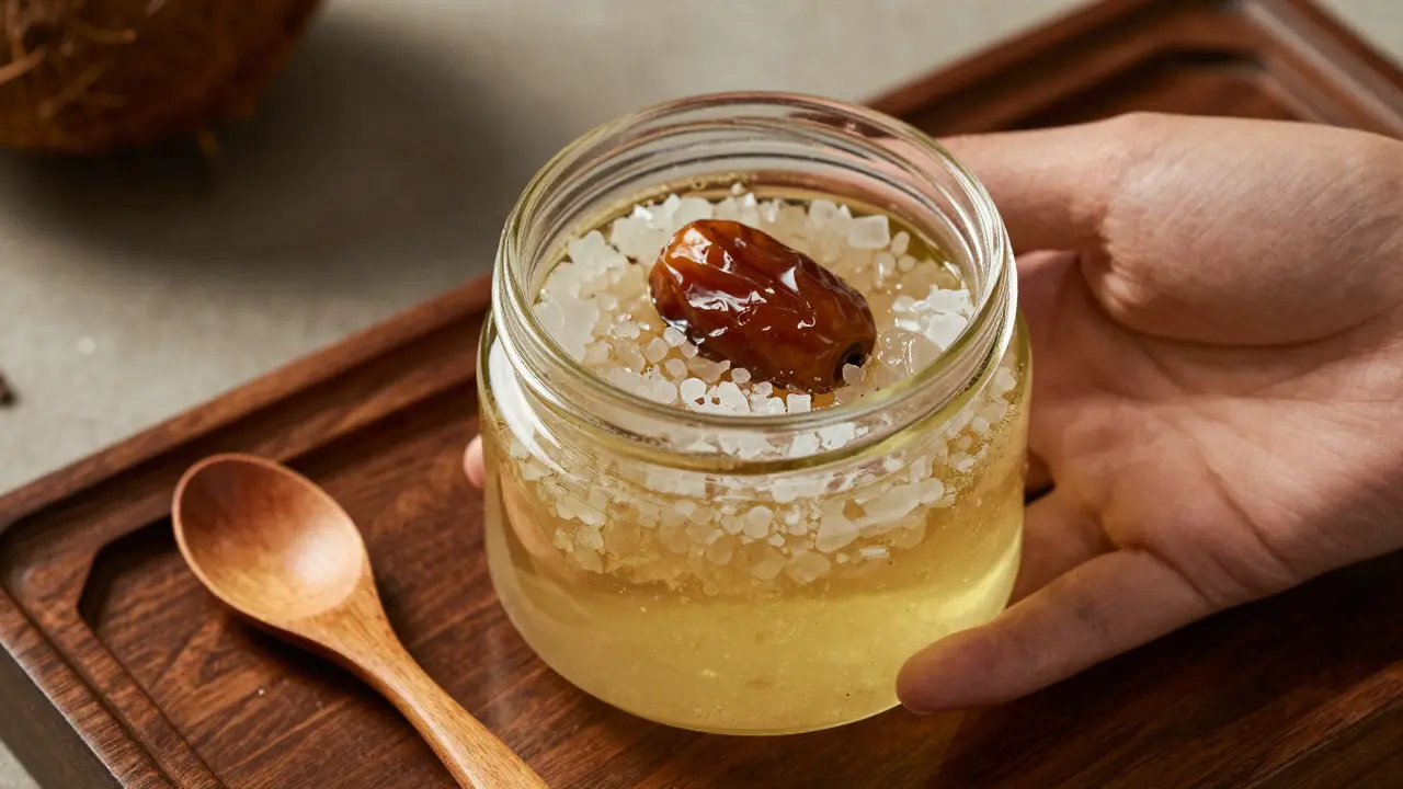 Glass jar with sea salt, dates, and rosewater body scrub on wooden tray