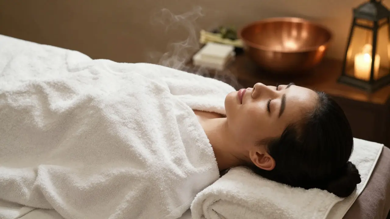 Guest smiling with eyes closed, feet wrapped in a warm towel after massage.
