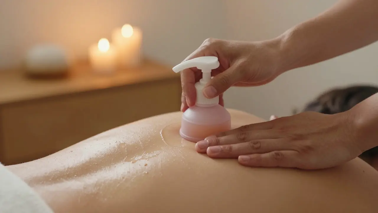 Hand applying silicone cup with oil to back in a peaceful spa environment