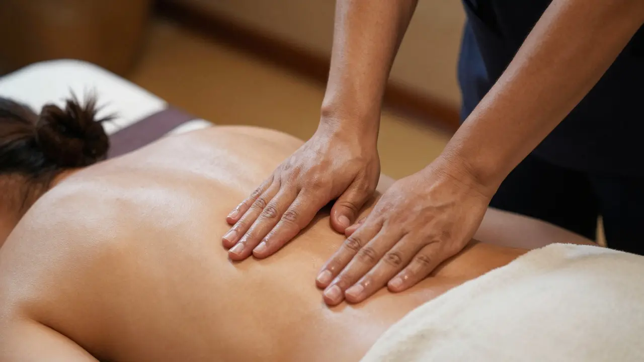 Hands applying focused pressure along the spine during a professional Thai massage session.