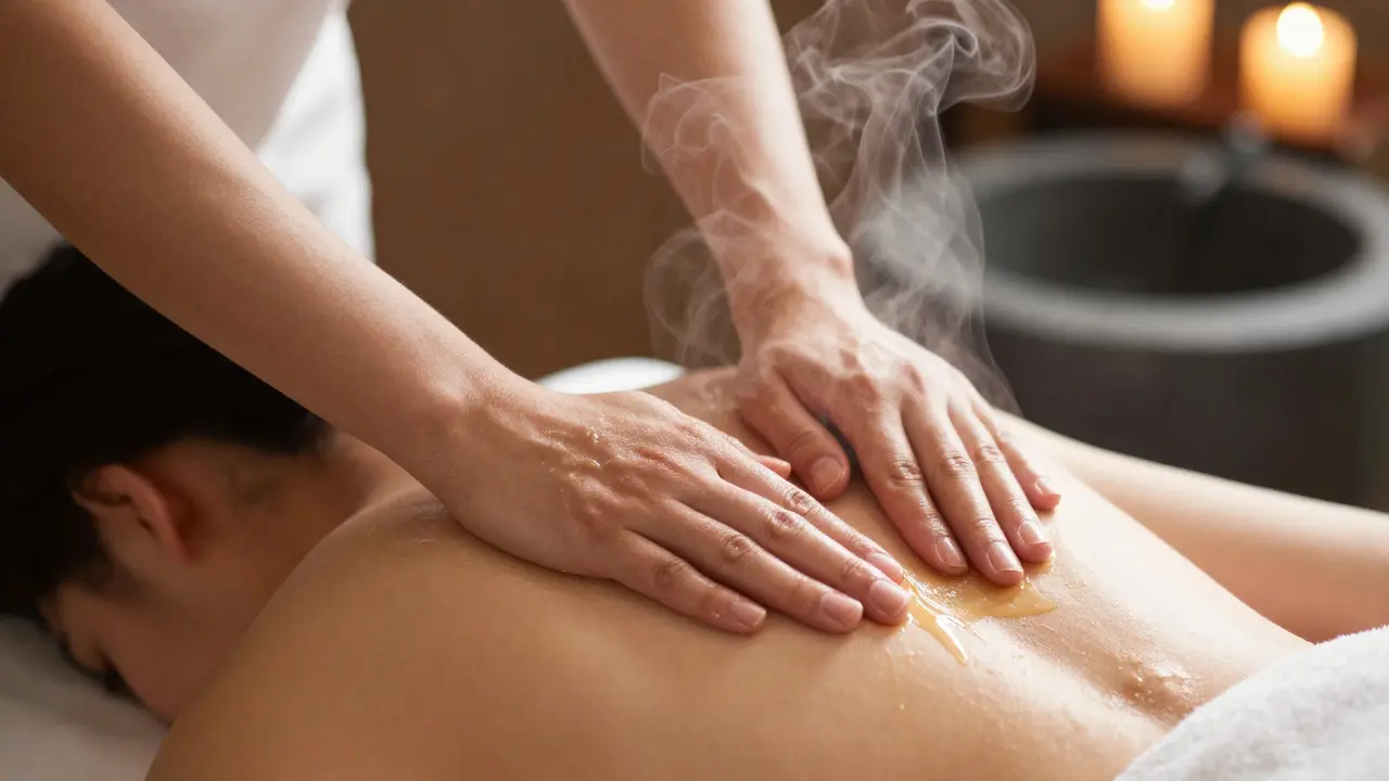 Hands applying warm oil during a massage, with steam rising from a nearby stone basin.