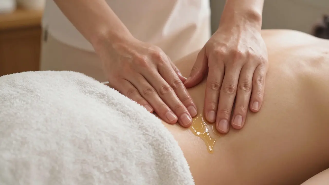 Hands applying warm oil to a back covered by a neatly draped towel.