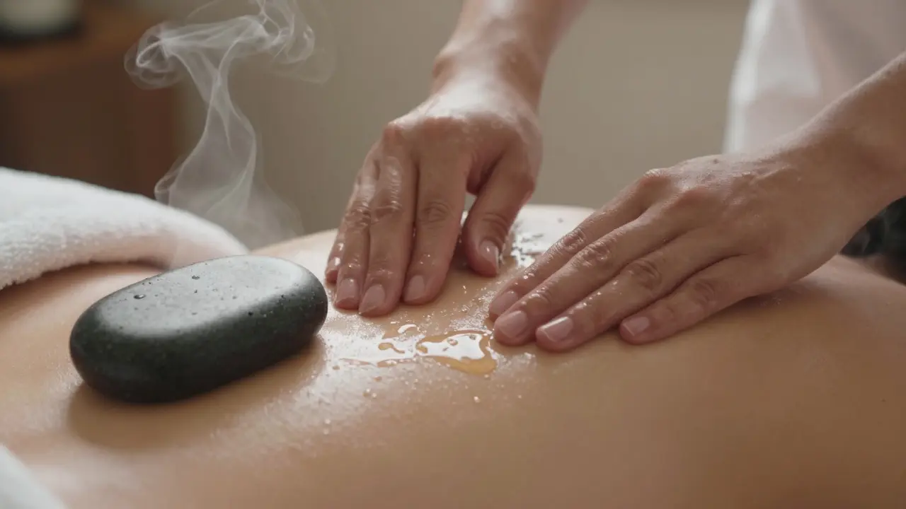 Hands applying warm oil to a back during a massage, with steam rising gently from a heated stone.