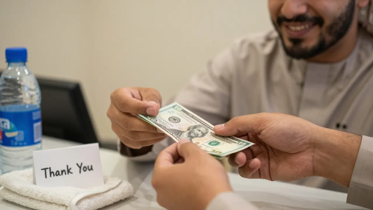 Hands exchanging a cash tip with a thankful smile.