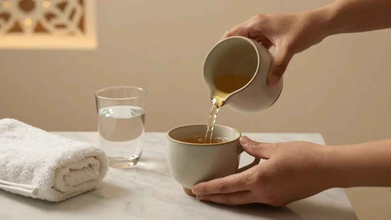 Hands pouring herbal tea into a cup beside a water bottle and towel in a serene spa setting.