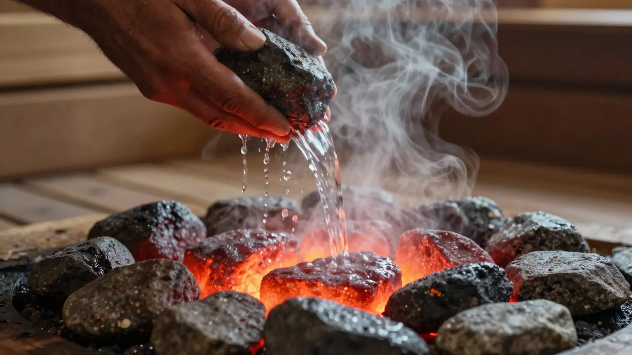Hands pouring water on glowing sauna stones, droplets sizzling into steam