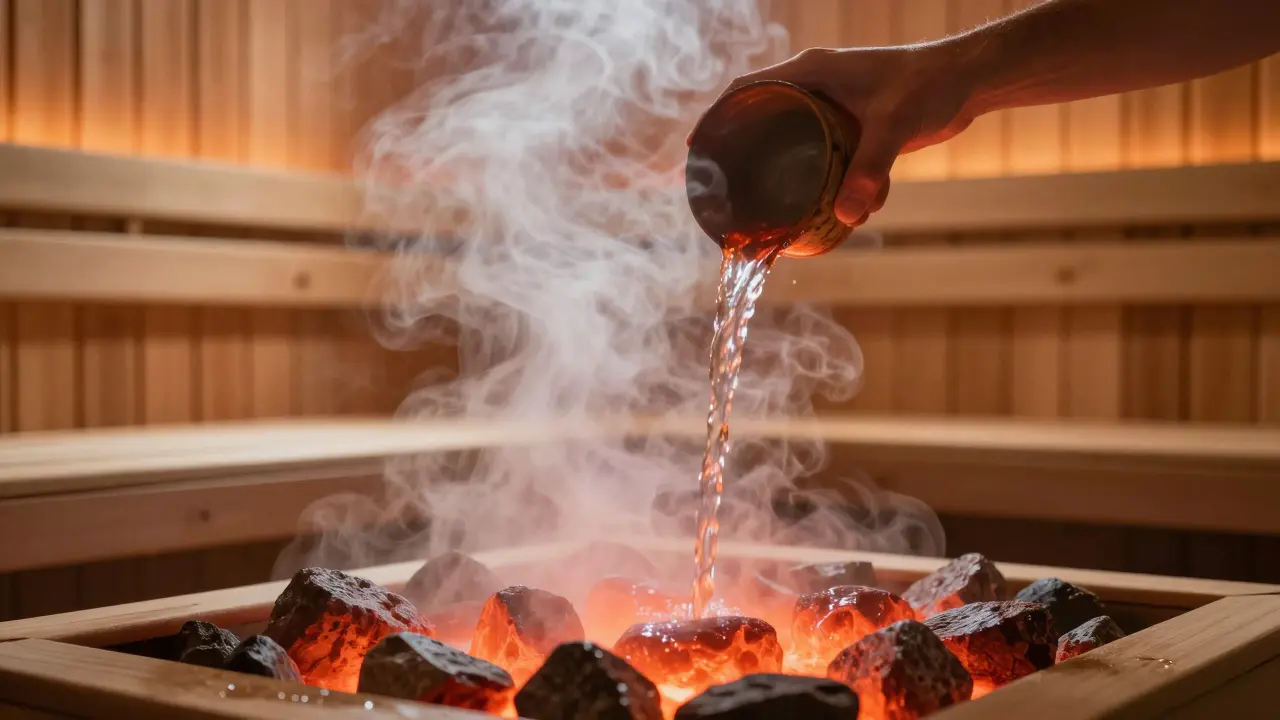 Hands pouring water over hot sauna stones, creating a cloud of steam.