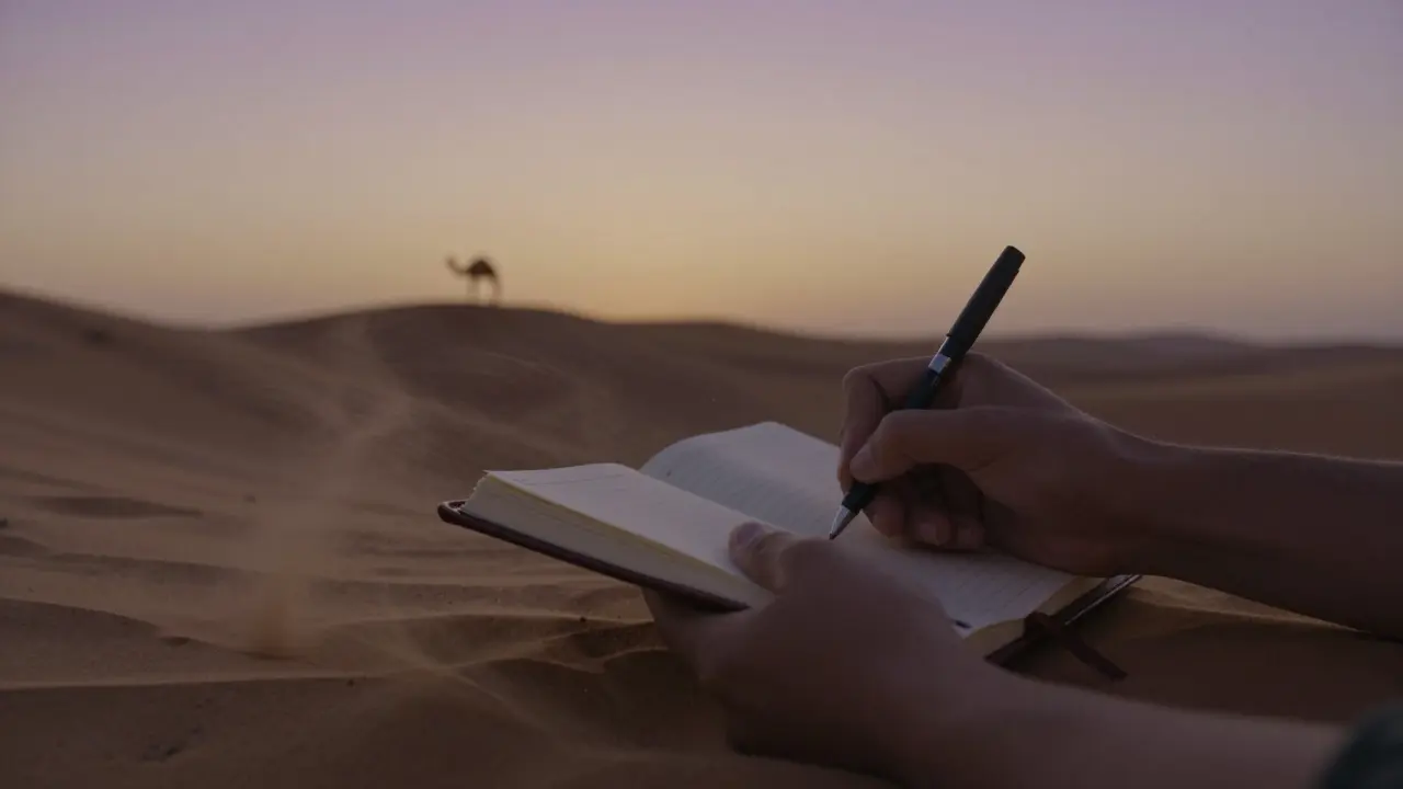 Hands writing in a journal on a desert ridge at dusk with sandy winds and distant horizon.