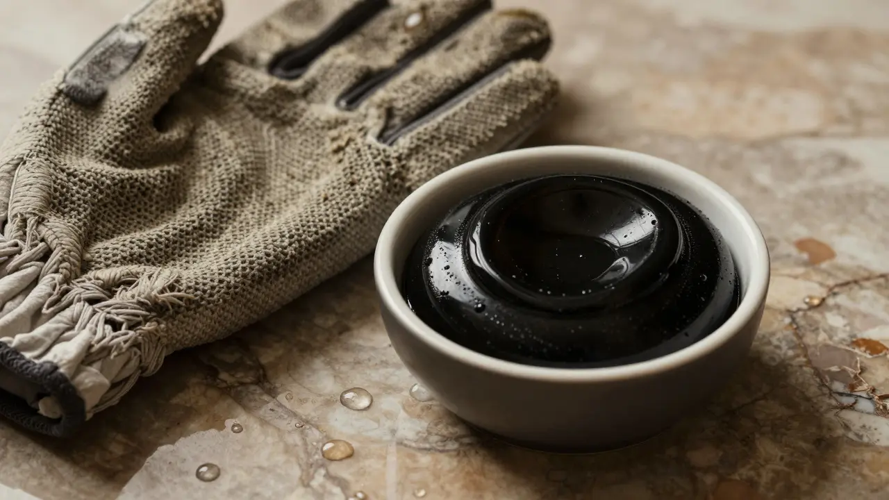 Kessa glove and black soap on a marble surface with water droplets.