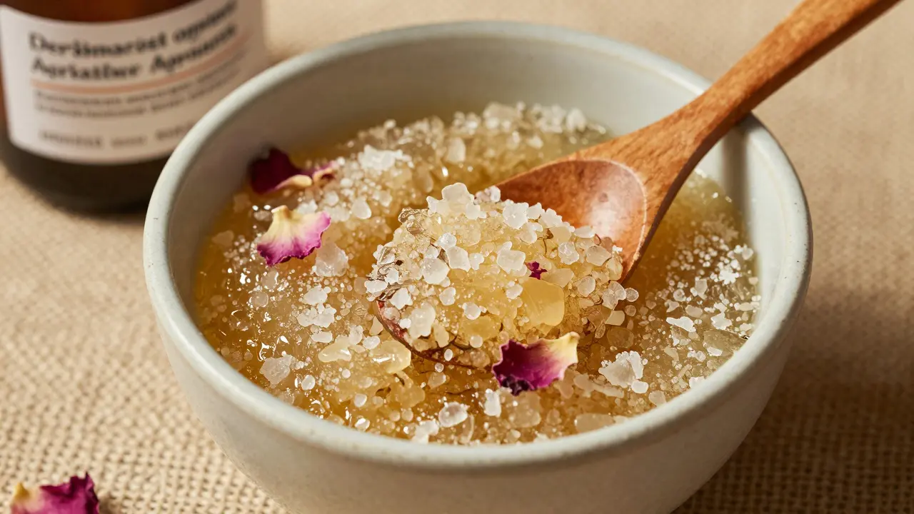 Natural body scrub in ceramic bowl with sugar crystals and coconut oil.