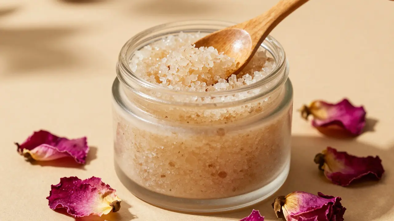 Natural body scrub in glass jar with sugar granules and rose petals on a wooden surface.
