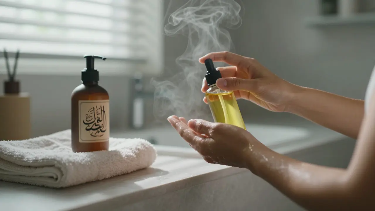 Person applying body oil to damp skin after shower with steam rising
