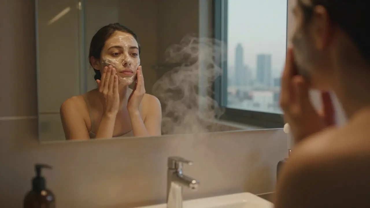 Person applying facial scrub with fingertips in a softly lit bathroom near Dubai skyline.