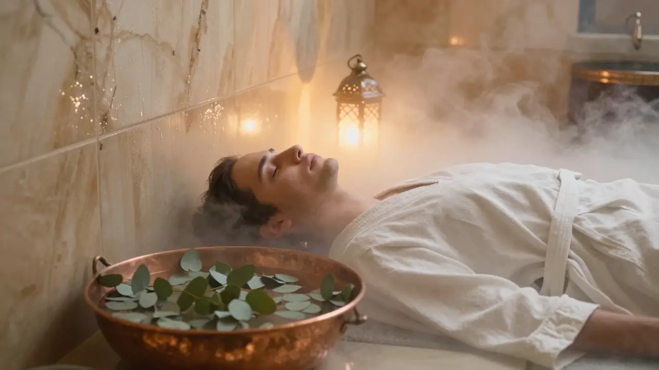 Person relaxing in a steam room with mist, eucalyptus leaves, and warm marble surroundings.