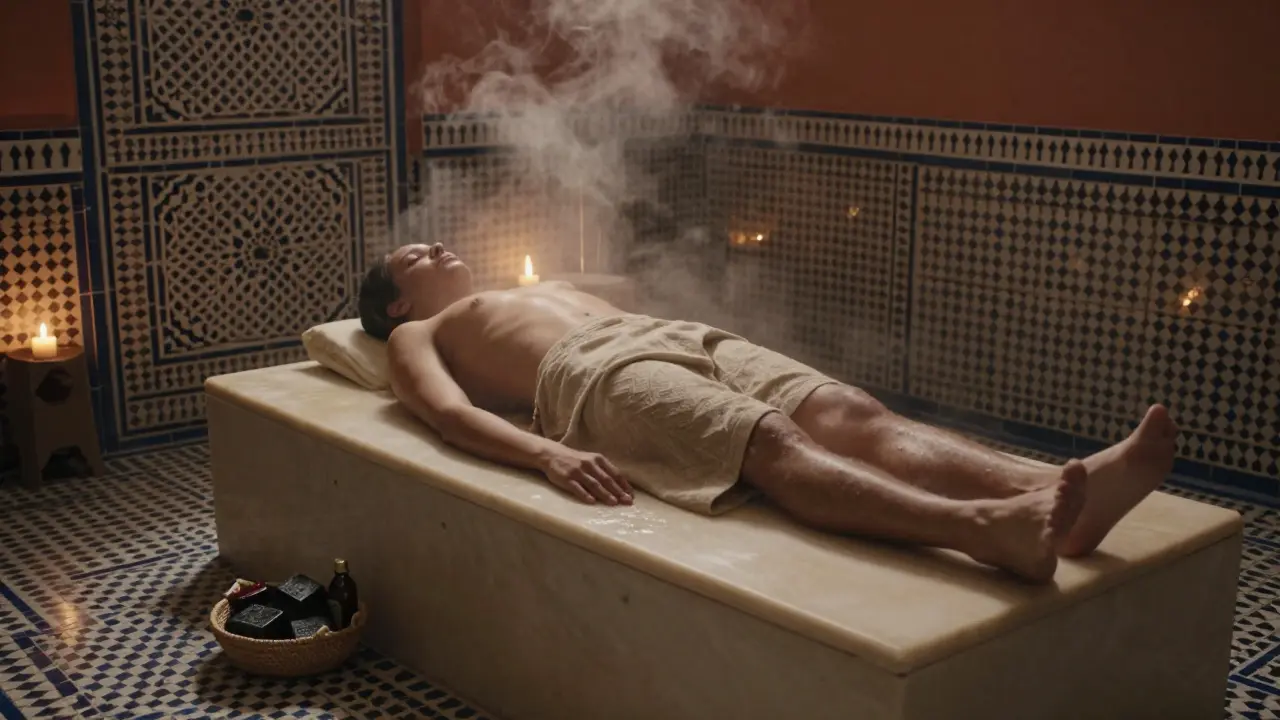Person relaxing in a steamy traditional Arabic hammam with tiled walls