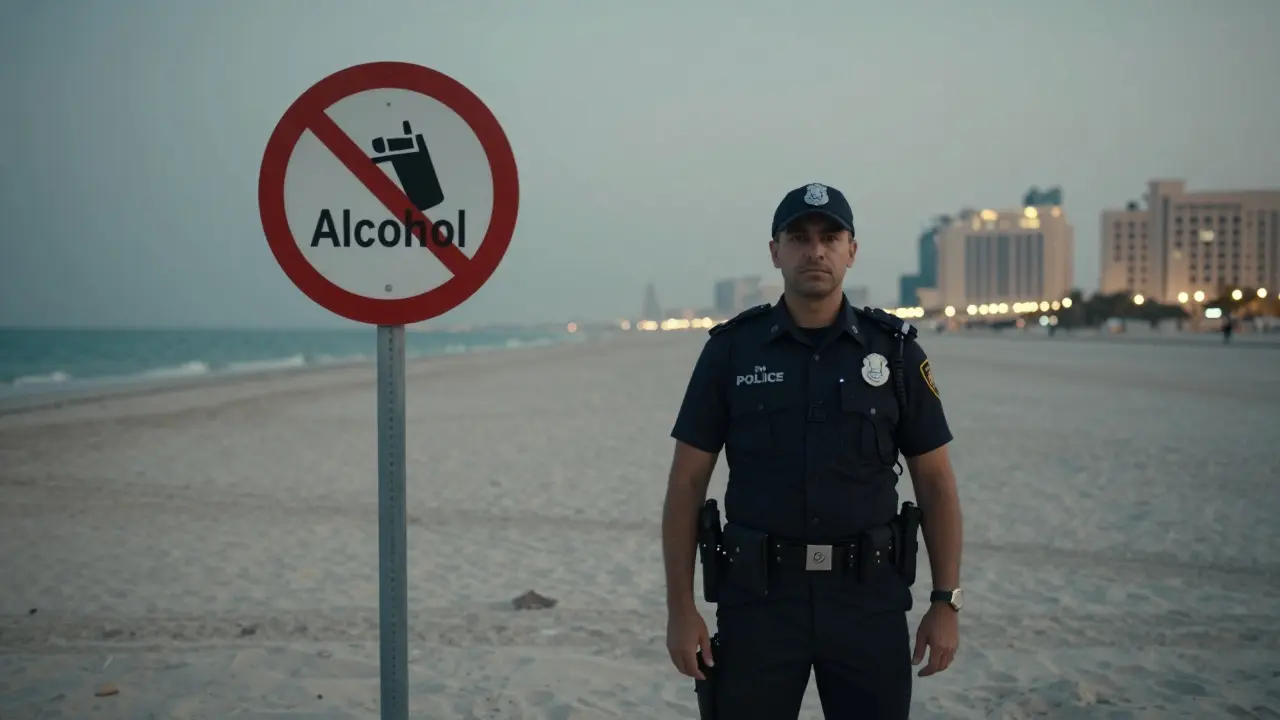 Police officer near a beach with 'No Alcohol' sign, quiet shoreline under dusk lighting.