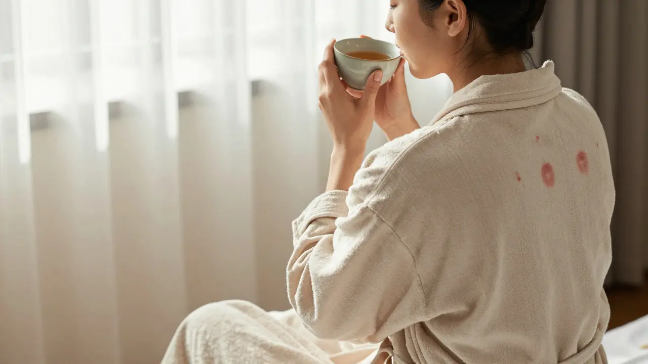 Relaxed person drinking herbal tea after cupping, wrapped in a robe, bathed in soft light.