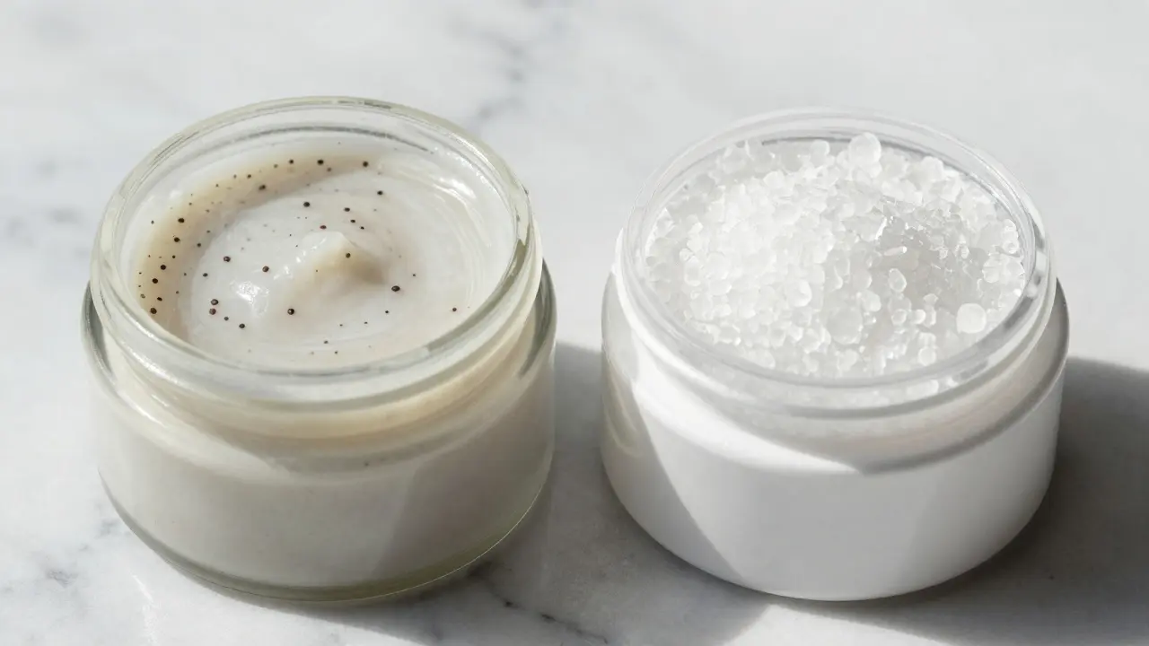 Side-by-side jars: fine jojoba bead scrub versus coarse salt scrub.