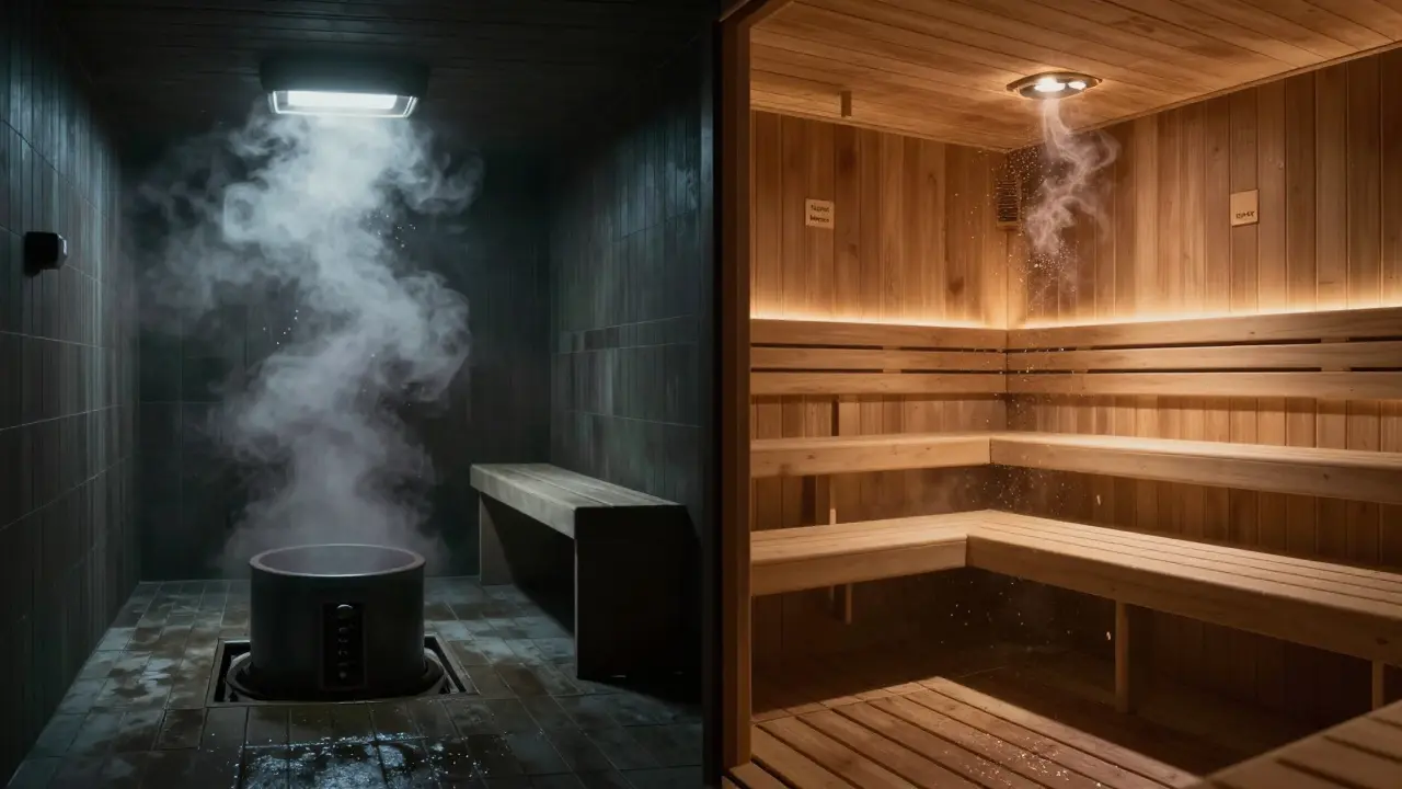 Side-by-side view of steam room with moist mist and sauna with dry wood, highlighting heat differences.