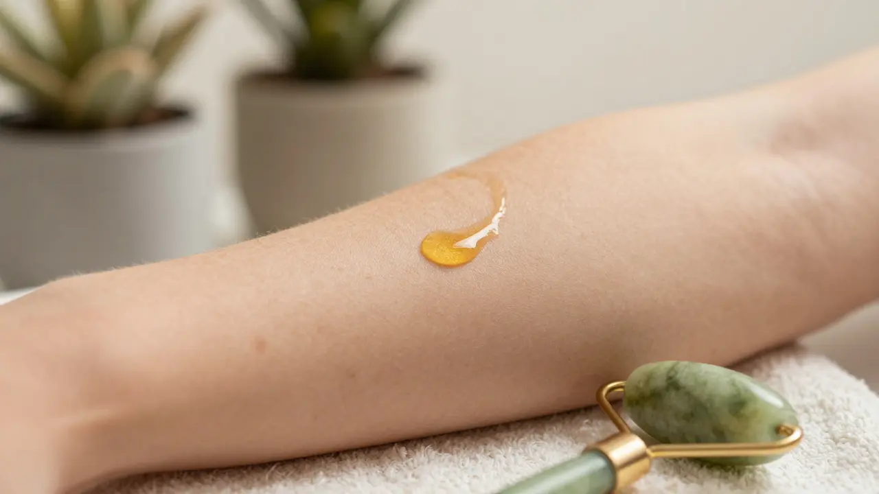 Smooth glowing arm with a drop of argan oil and jade roller beside it.
