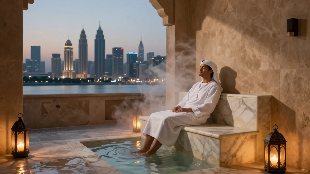 Someone relaxing in a private outdoor hammam with Dubai's skyline in the background.